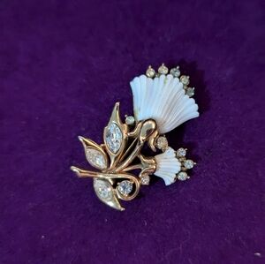 White Milk Glass Flower Brooch Stamped Holly Craft 1953